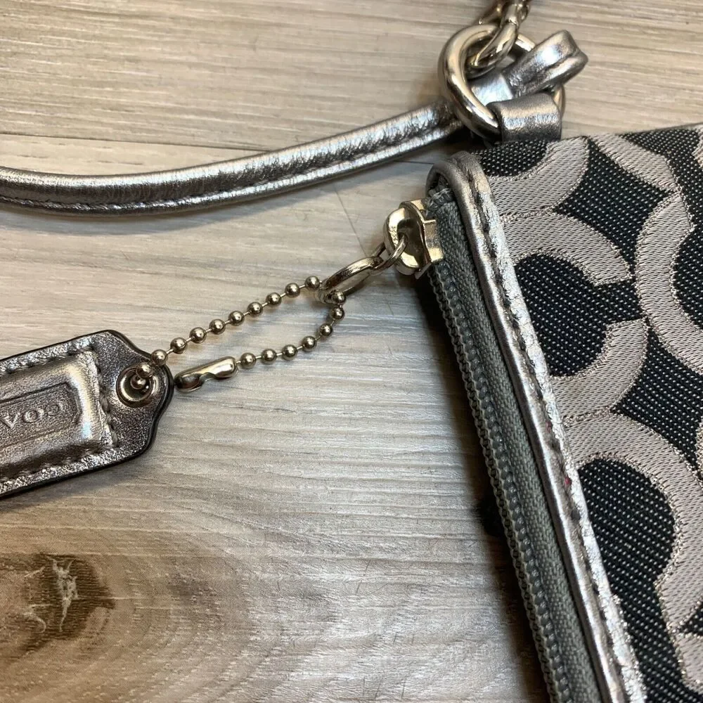 COACH Gray Silver Signature Zip Closure Canvas Wristlet‎